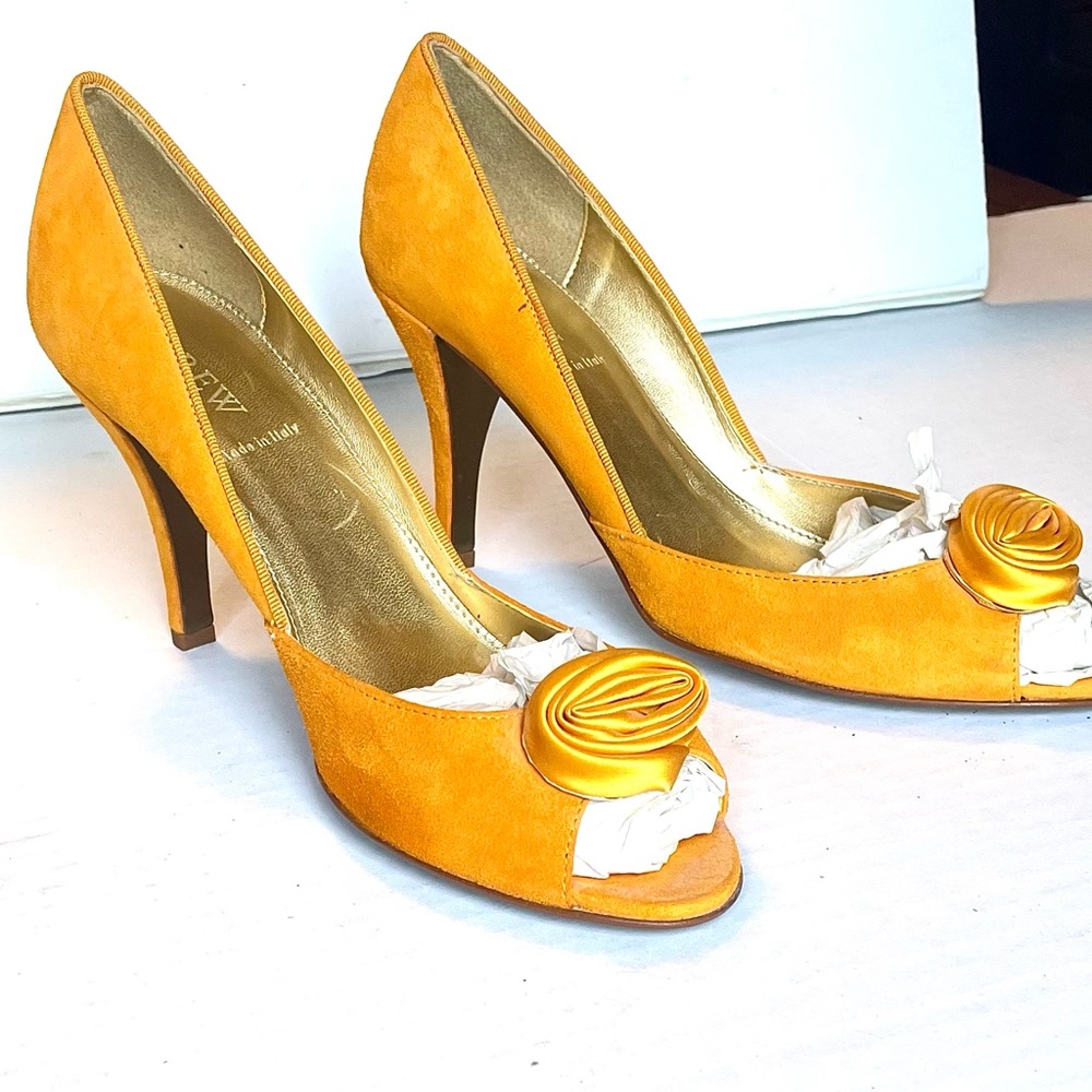 J. Crew Vibrant Orange Yellow Suede Peep toe heels with a silk floral accent.